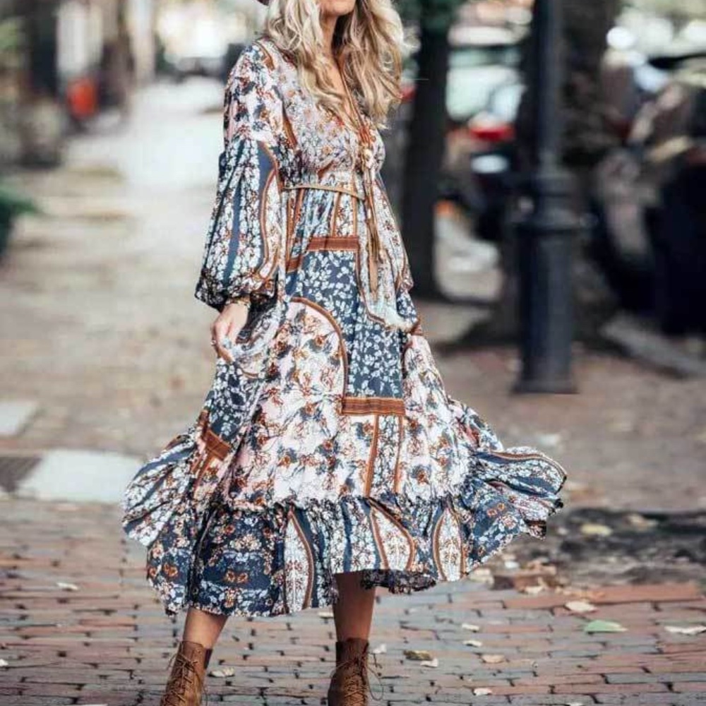 Bohemian Blue Brown Floral Print Midi Dress - Picture 2 of 6